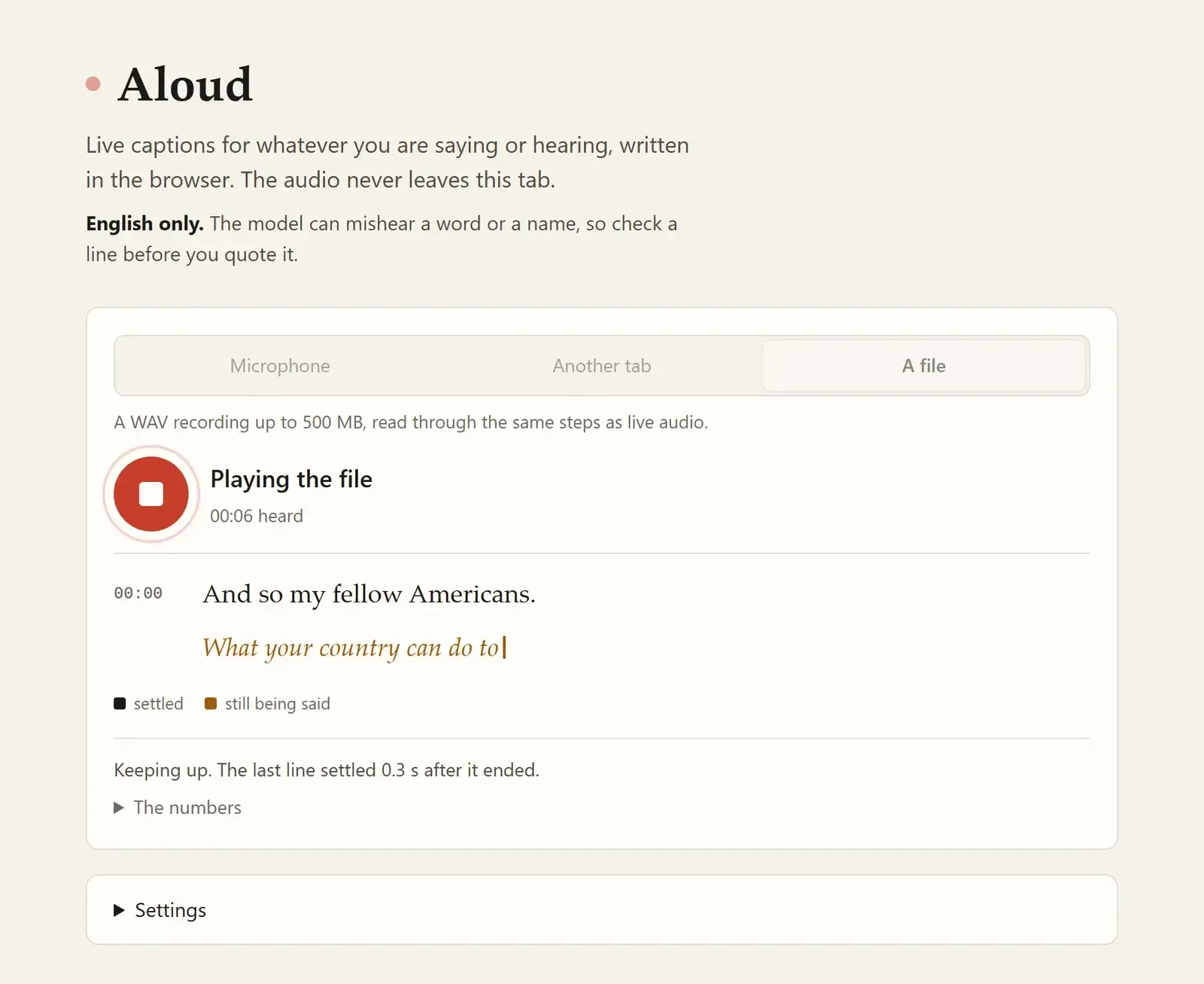Aloud captioning a recording, with a settled line and the next one still being heard