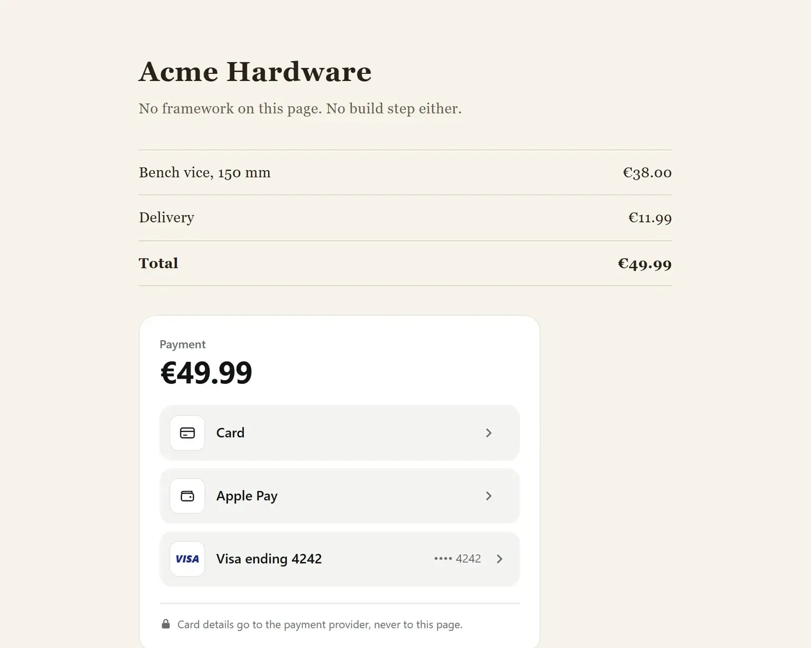 The checkout widget on a demo shop page, offering card, Apple Pay and a saved Visa