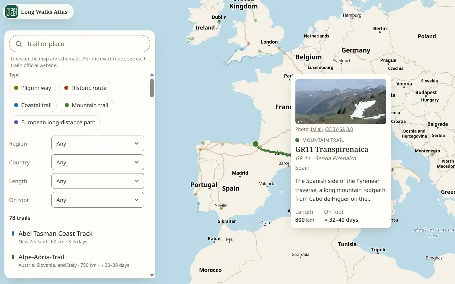 Long Walks Atlas with trail filters on the left and the GR11 across the Pyrenees open on the map
