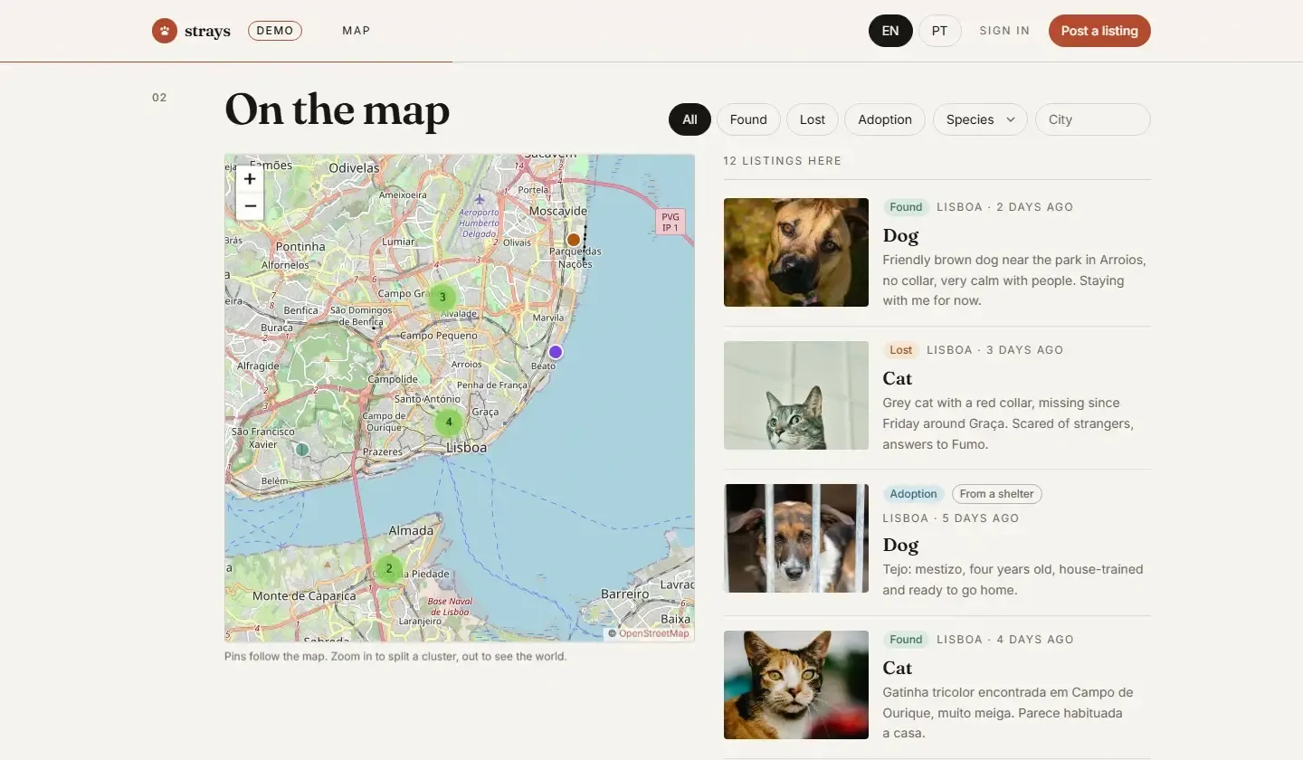 The strays map of Lisbon next to a list of found, lost and adoptable animals